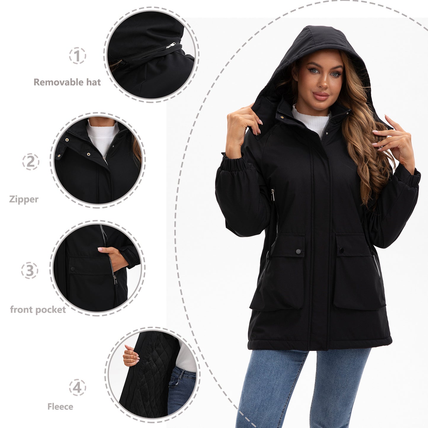Zanlo Ladies waterproof shell jacket long sleeve winter coat front photo