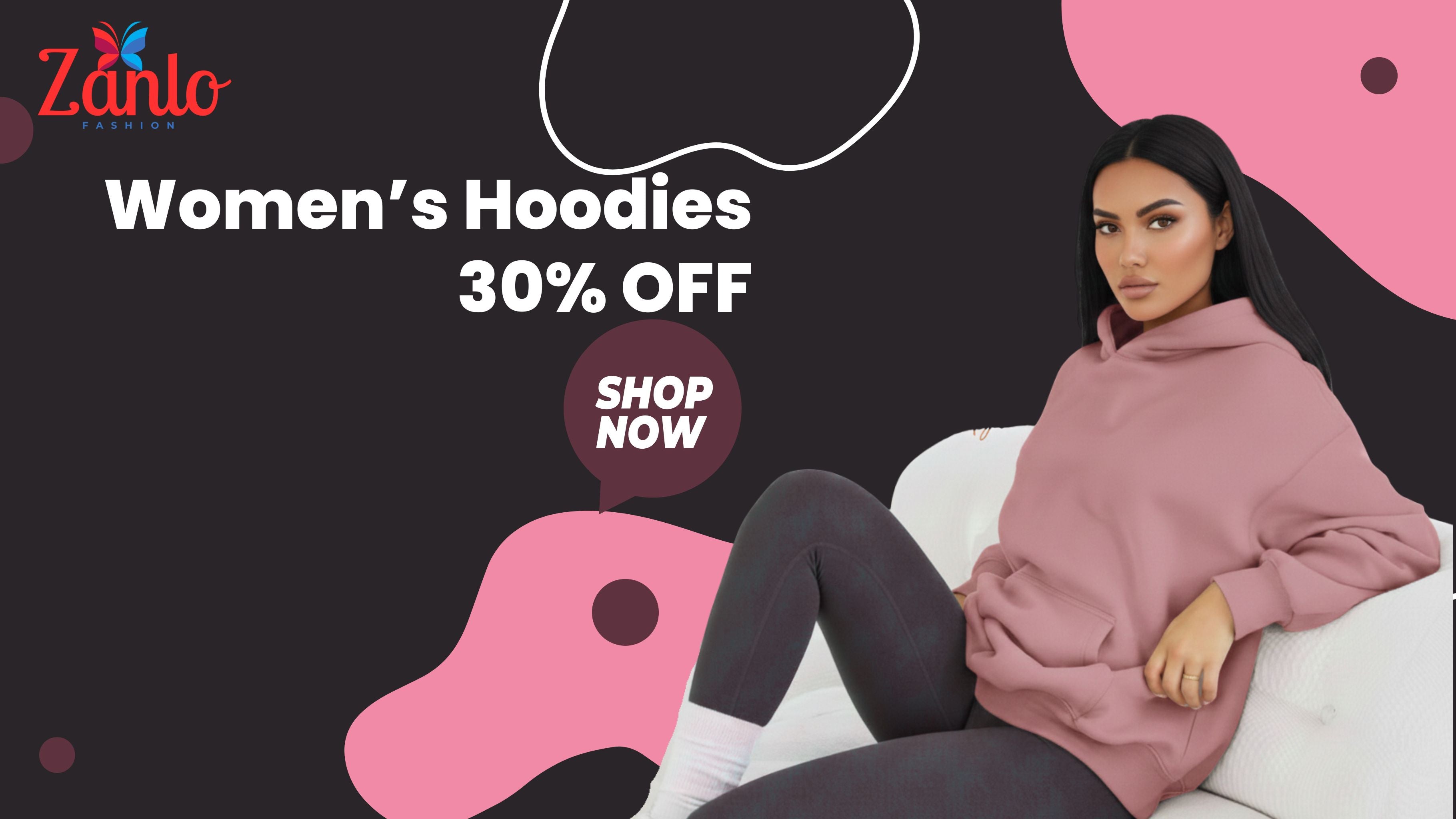 Promotional banner for women's hoodies with a discount offer, featuring a woman in a pink hoodie.
