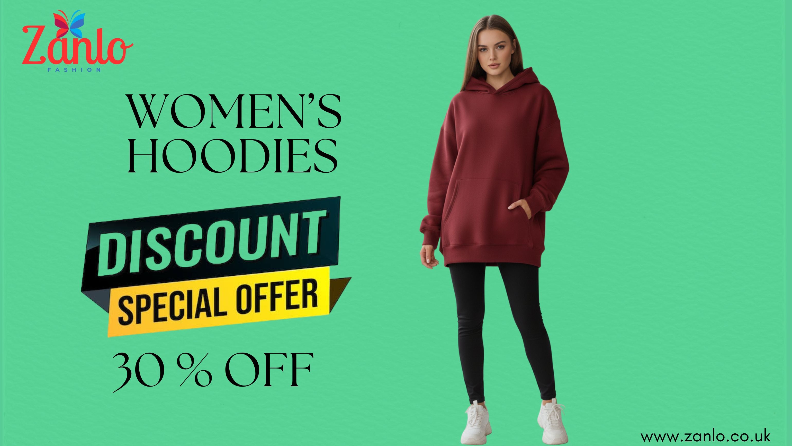 Promotional banner for women's hoodies with a discount offer on a green background